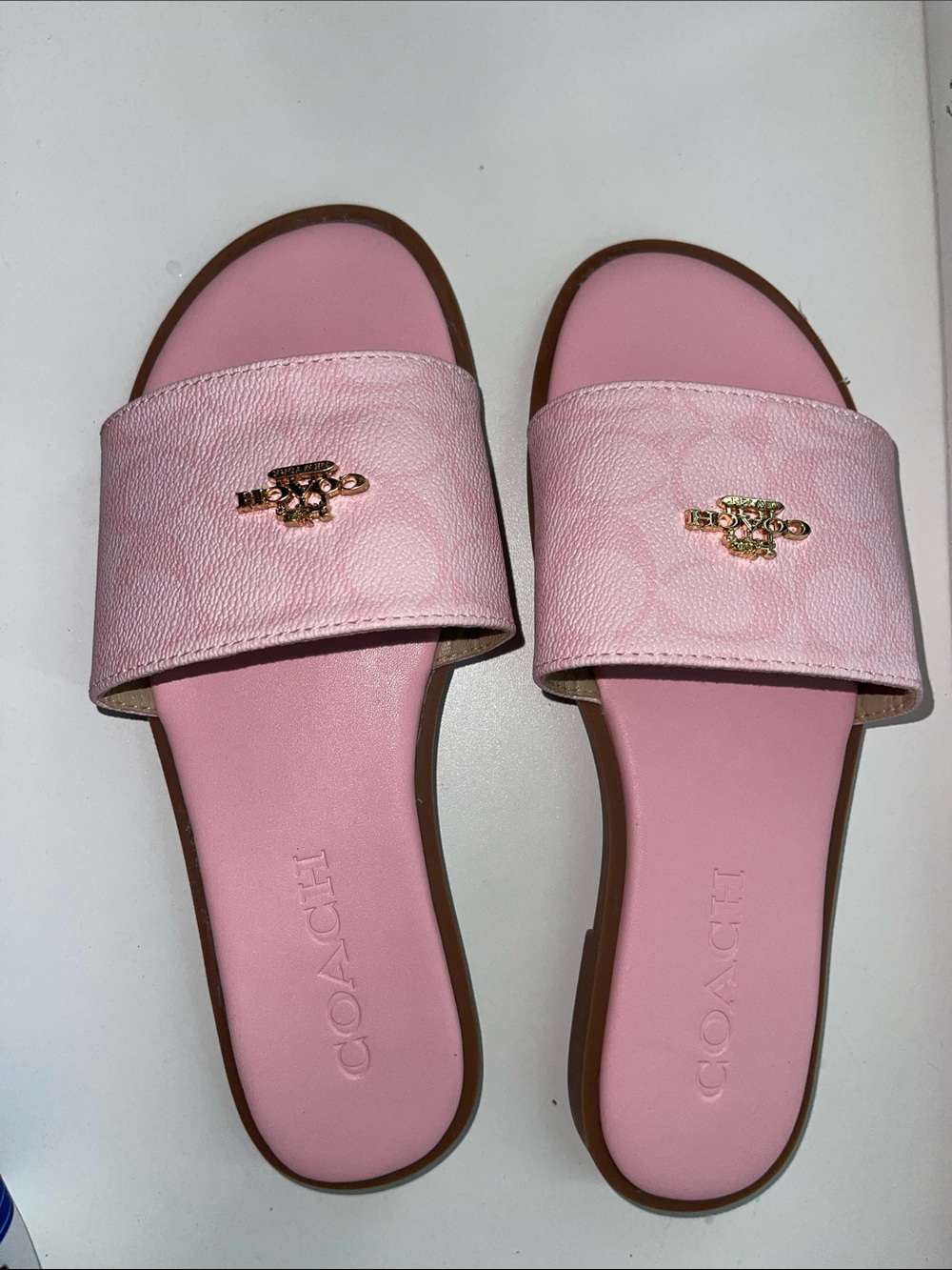 Coach Light Pink Slide Sandals with Gold Emblem